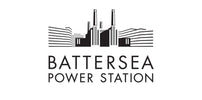 Black and white graphic logo featuring a stylized industrial power station illustration above the words 'BATTERSEA POWER STATION'.