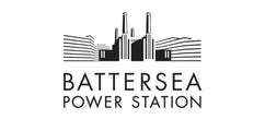 Black and white graphic logo featuring a stylized industrial power station illustration above the words 'BATTERSEA POWER STATION'.