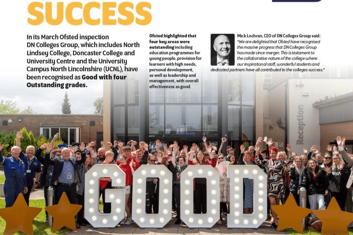 Light up letters spelling GOOD at a college celebration following an Outstanding Ofsted inspection result