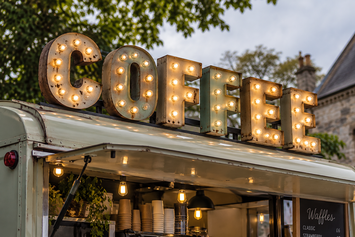 A close-up outdoor shot of a vintage-style food truck with large illuminated marquee letters spelling COFFEE on top. The truck is partially visible, with cups and kitchen equipment inside, and trees and a stone building in the background under a cloudy sky.