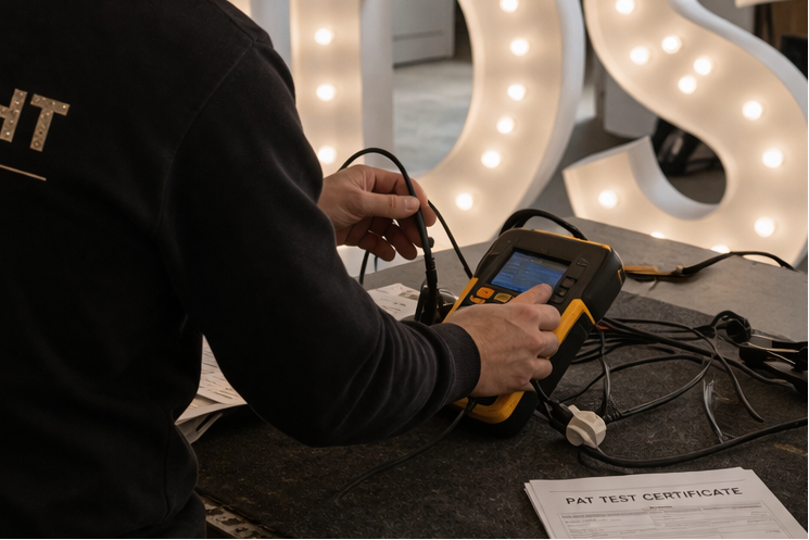 Person working on electrical equipment with illuminated letters in the background
